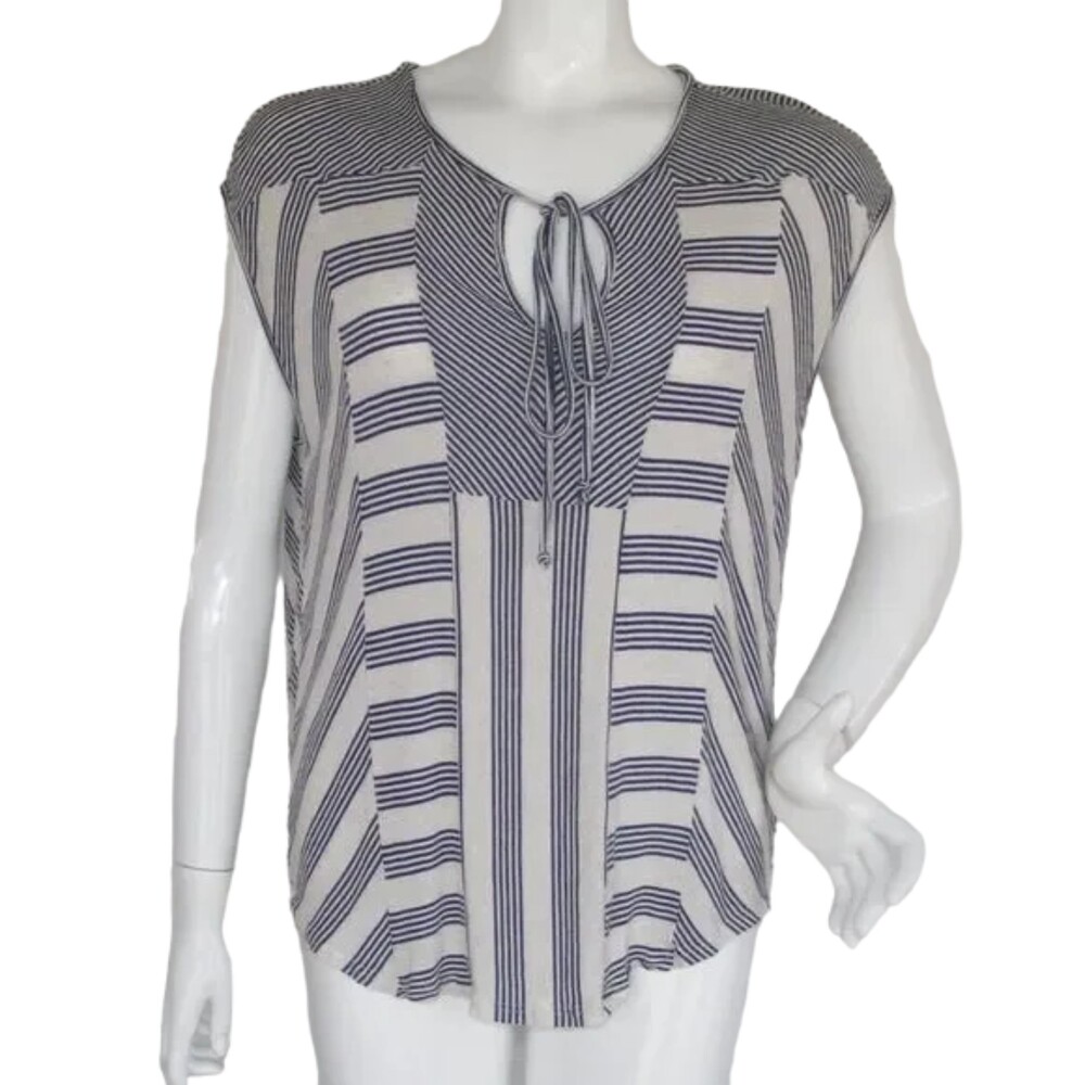 ELLA MOSS Top, L, Sleeveless, Stripes, Keyhole with ties, Rayon-linen blend